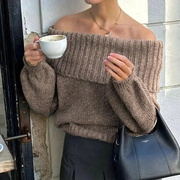 Khaki Casual Women's Solid Color Off-Shoulder Long Sleeve Minimalist Sweater - Picture 1 of 3